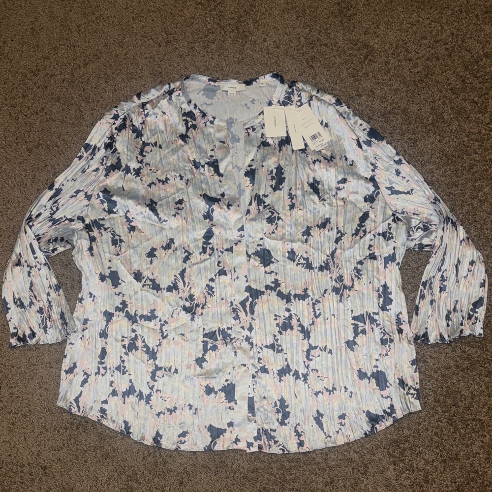 Vince Lotus Print Blouse Tide Pool Blue NWT